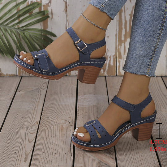 Damen modische Sandaletten mit eleganter Schnalle und Holz-Blockabsatz EB