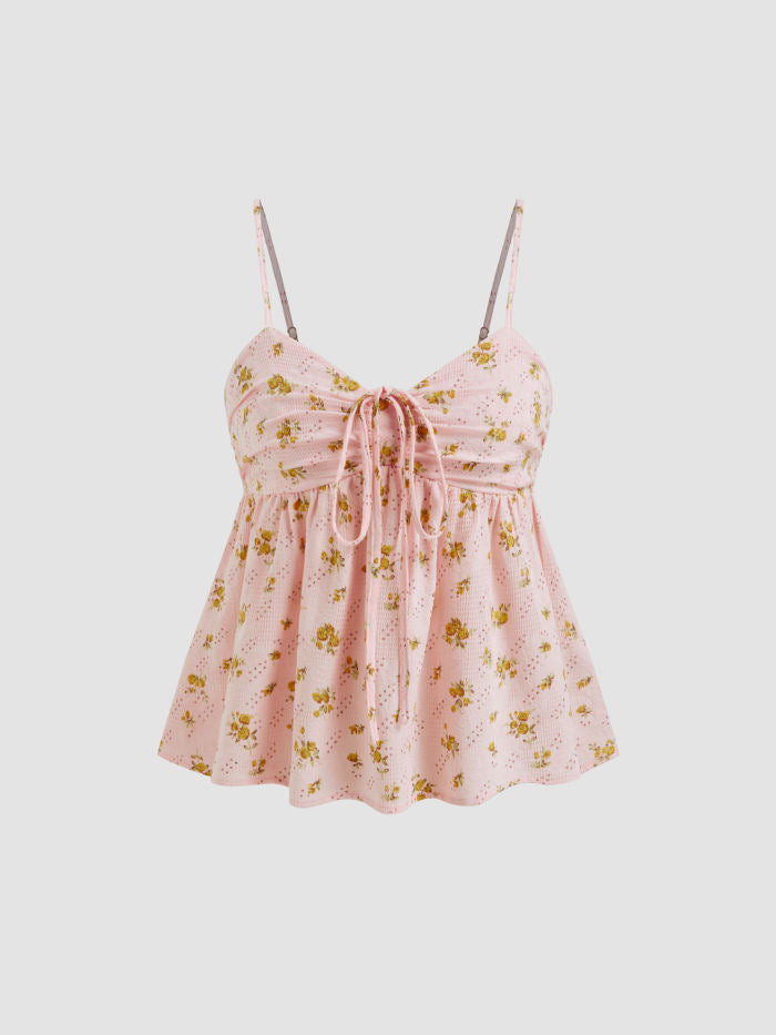 Damen blumiges Sommeroberteil mit dekorativem Kordelzug EB