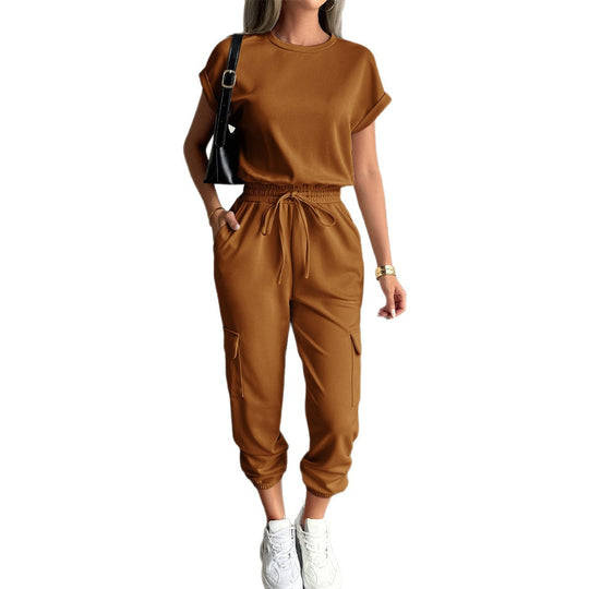 Damen lässiges Zweiteiliges Set mit elastischem Bund und seitlichen Taschen EB
