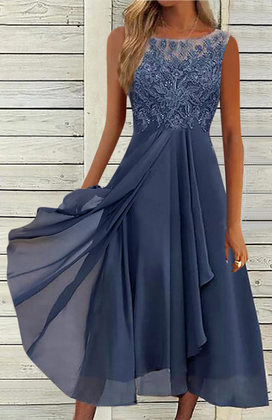 Damen nan ärmelloses Chiffon-Midikleid mit bestickter Illusionsspitze, Schiff-Ausschnitt und mehrlagigem Schwingrock EB
