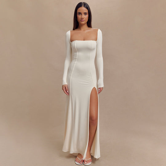 Damen Elegantes Maxikleid mit tiefem Schlitz und langen Ärmeltechnik EB
