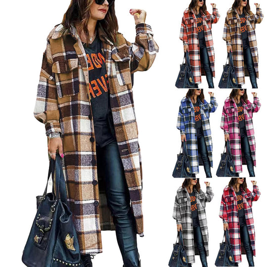 Damen Langärmlige Karobluse im Oversized-Stil EB
