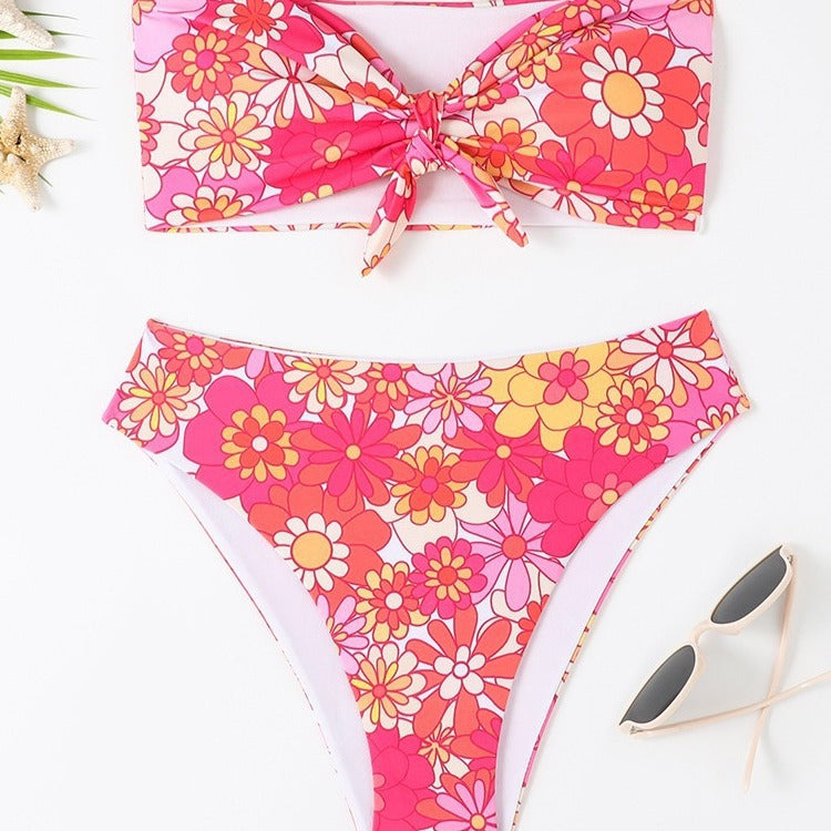 Damen Bandeau Bikini mit modischem Blumenmuster und verspieltem Knotendetail EB