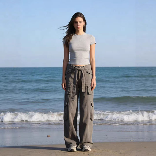 Damen nan weite Cargo-Hose mit hoher Taille, Bindegürtel und mehreren aufgesetzten Klappentaschen EB