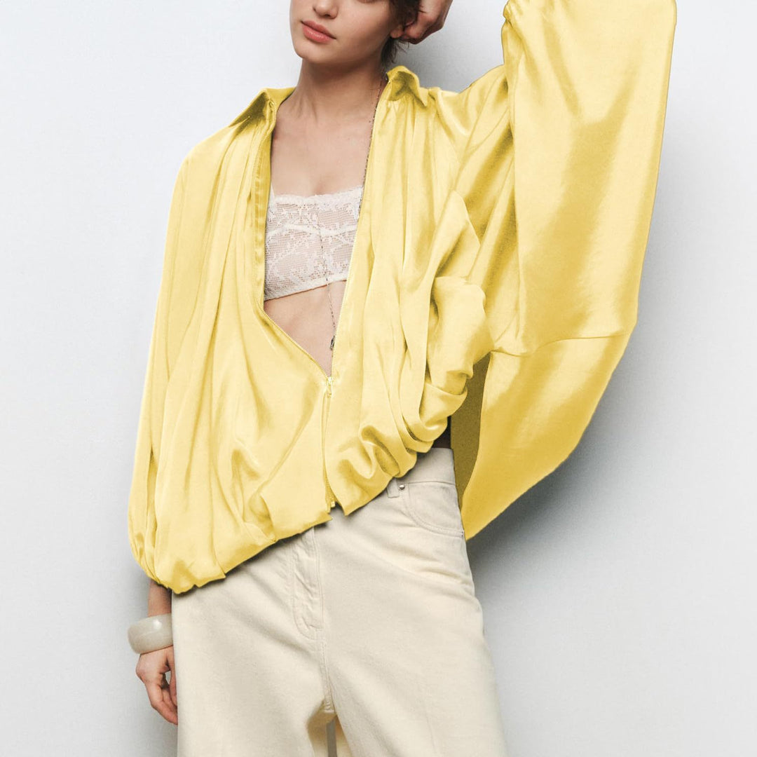 Damen leichte Satinjacke mit tiefem V-Ausschnitt und elastischen Bündchen EB