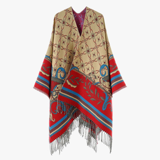 Damen Leichter Jacquard-Überwurf im Kaftan-Stil mit Zierfransen EB
