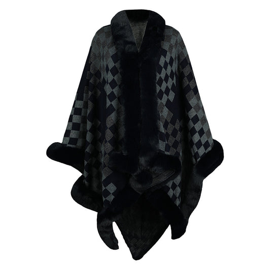 Damen eleganter Strickponcho mit luxuriösem Kunstfellbesatz und geometrischem Muster EB