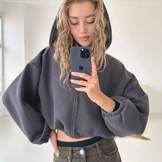 Damen nan oversized Kapuzenjacke kurz geschnitten mit elastischem Saum und Ballonärmeln EB