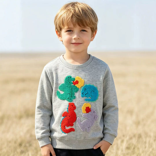 Kinder Sweatshirt mit buntem Dinosaurier und Blumen-Applikationen EB