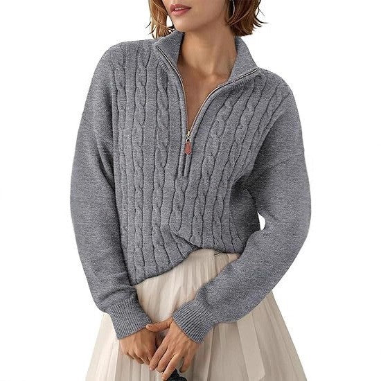 Damen Grobstrick Pullover mit Stehkragen und halbem Reißverschluss EB