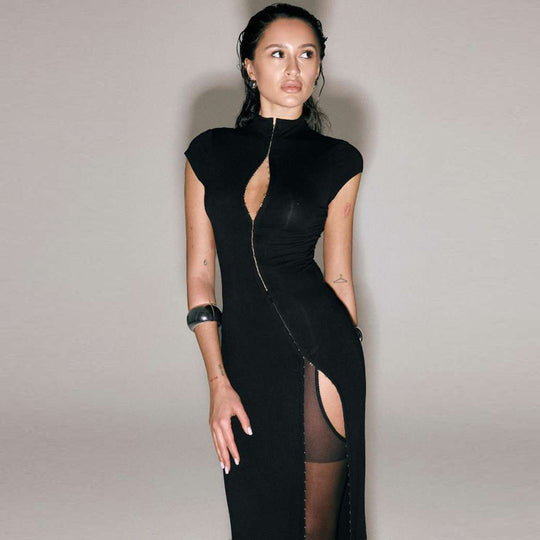 Damen Elegantes Maxikleid mit länglichem Reißverschluss und hohem Schlitz EB