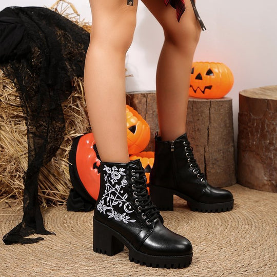Damen Boots mit metallic-farbenem Plateau und floralen Stickereien EB