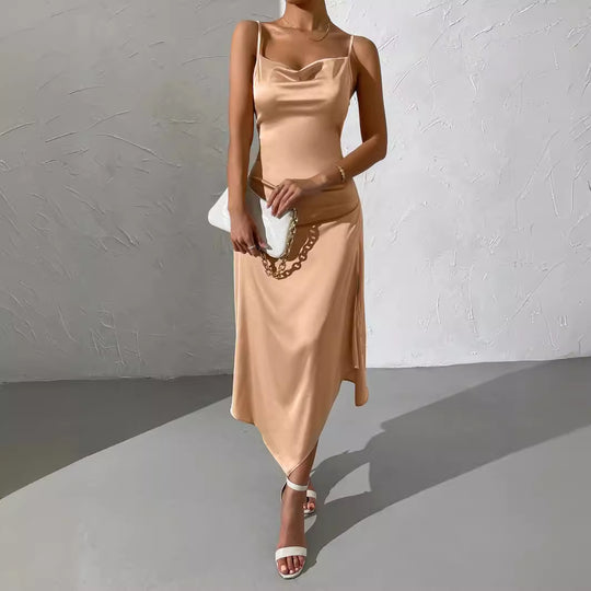Damen langes Satin-Kleid mit sinnlichem Schlitz EB