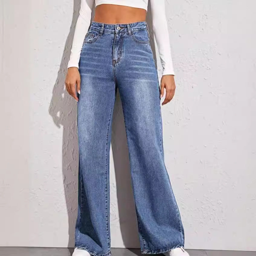 Damen nan hochgeschnittene weite Denim-Jeans mit extra weitem Bein und rohem Saum EB