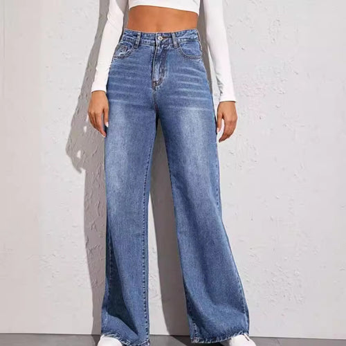 Damen nan hochgeschnittene weite Denim-Jeans mit extra weitem Bein und rohem Saum EB