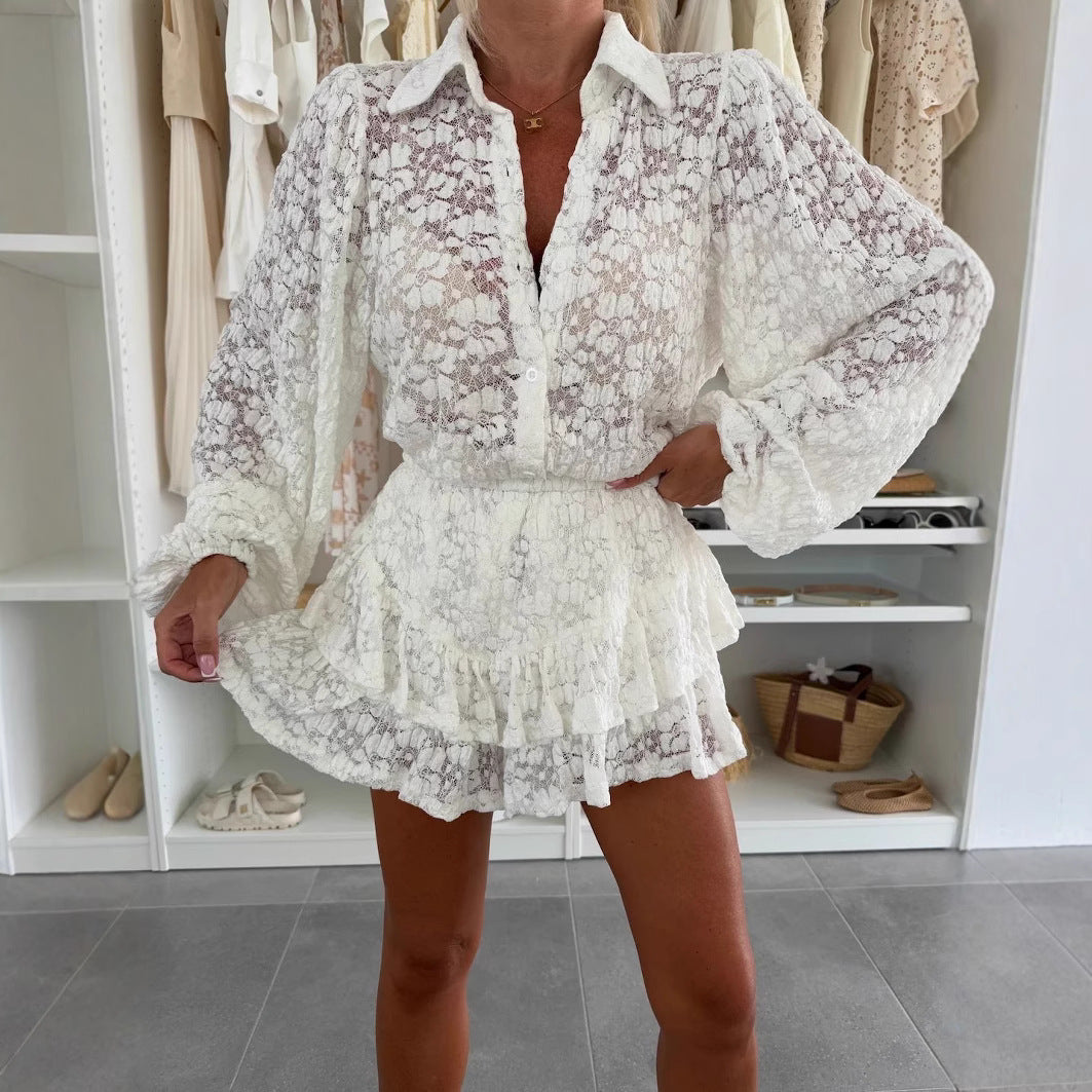 Damen Romantische Spitzenbluse mit voluminösen Ärmeln und fließendem Saum EB