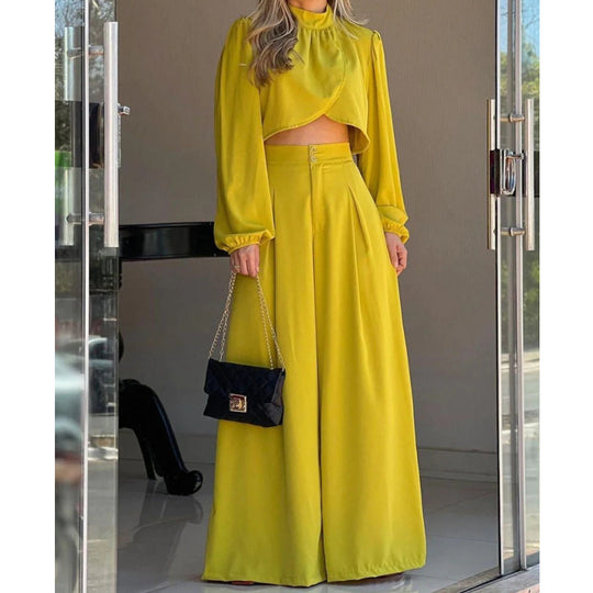 Damen Modisches Zweiteiler-Set mit elegantem Cropped-Oberteil und weit geschnittenen Hosen EB