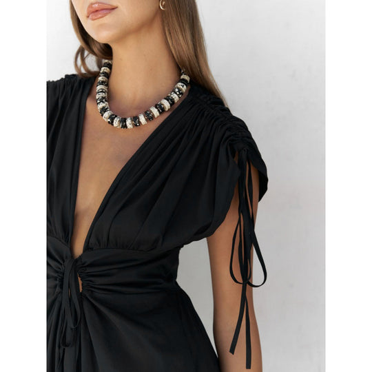 Damen elegante Maxi-Kleid mit raffiniertem Wickeldesign und tiefem V-Ausschnitt EB