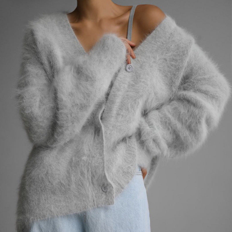 Damen flauschiger Cardigan mit V-Ausschnitt und übergroßem Schnitt EB