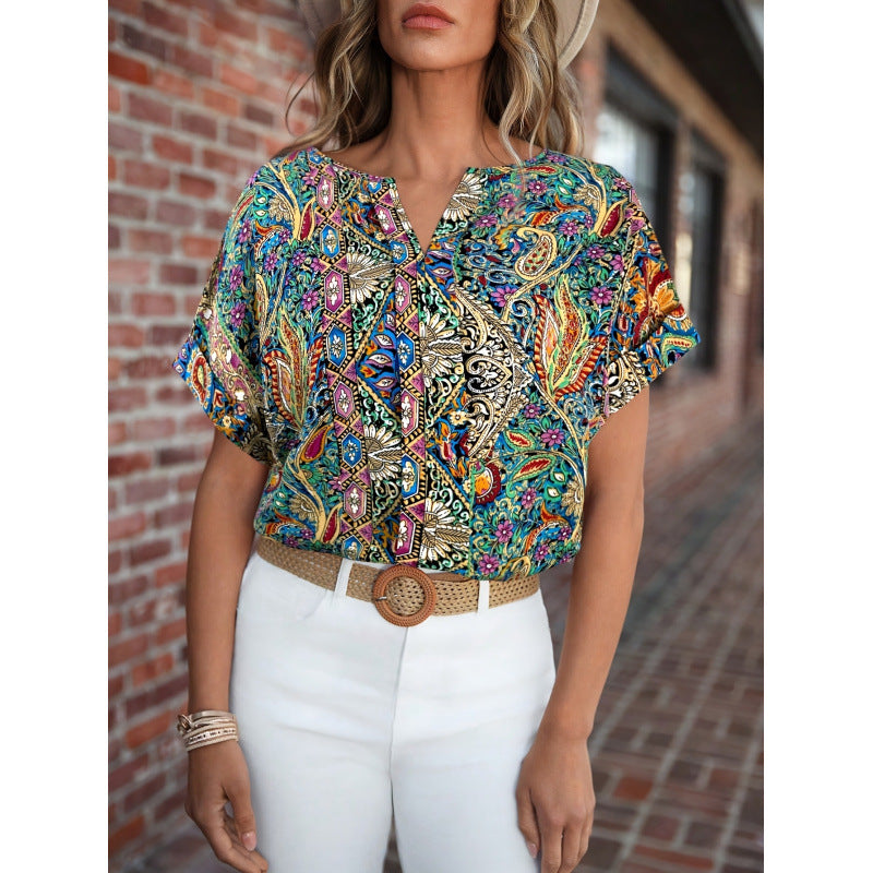 Damen Kurzarm Bluse mit buntem Druck und V-Ausschnitt EB