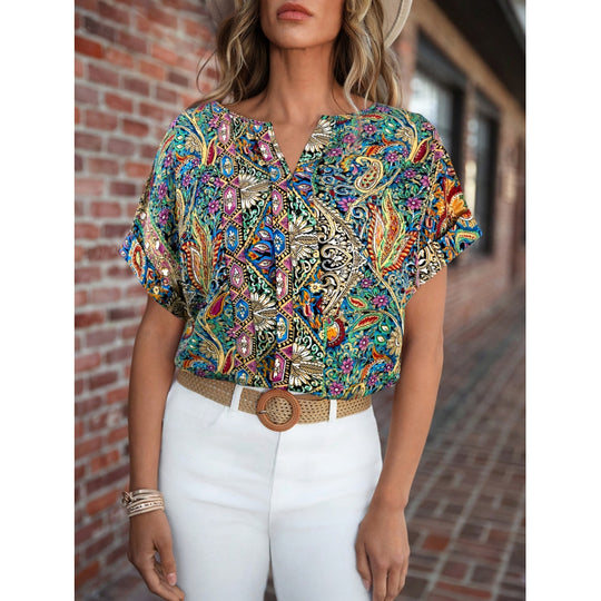 Damen Kurzarm Bluse mit buntem Druck und V-Ausschnitt EB