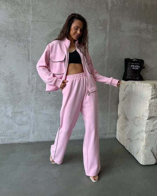 Damen sportliches Fleece-Set mit modischen Kontrasten und praktischen Taschen EB
