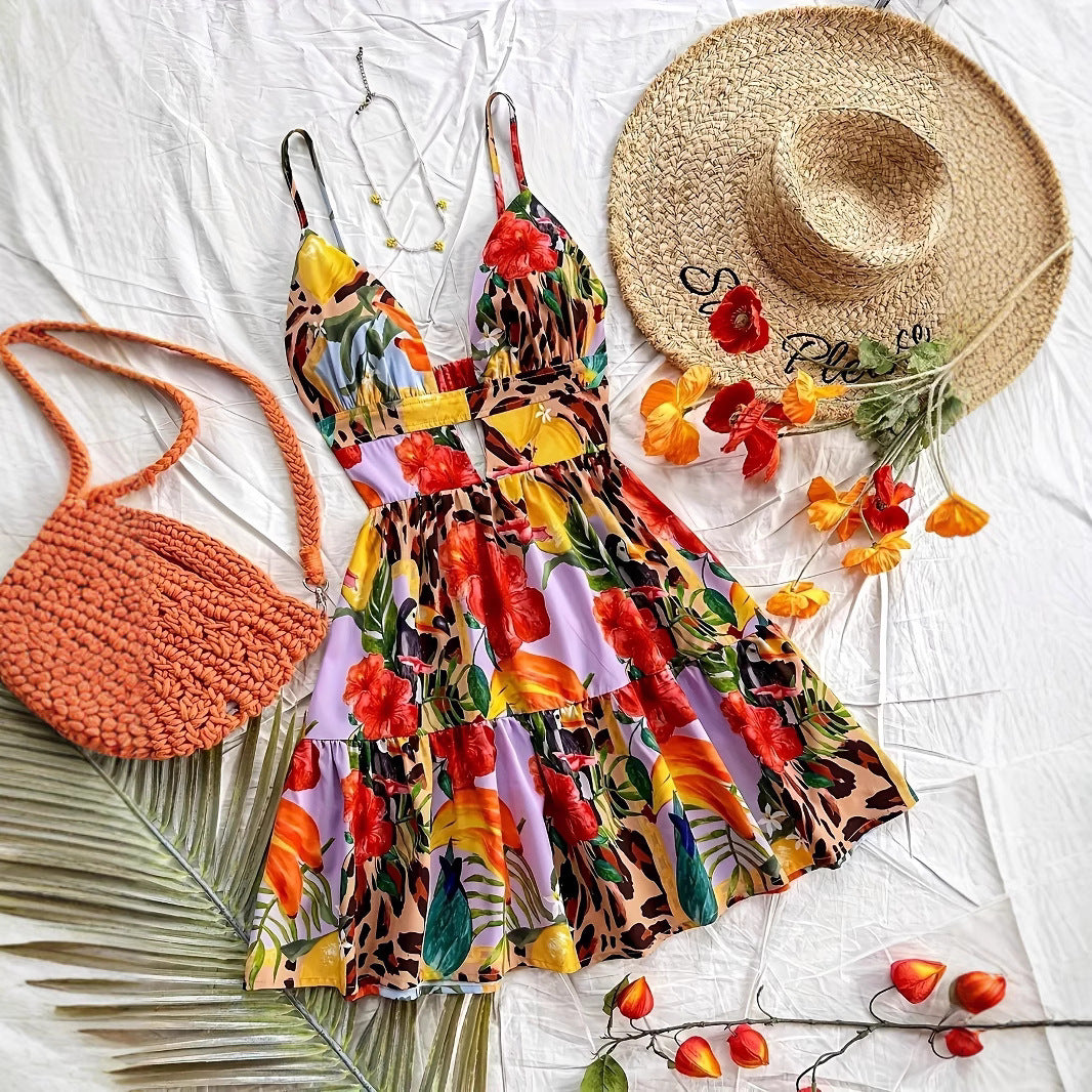 Damen Neckholder Sommerkleid mit floralem Muster und Rüschendetails EB