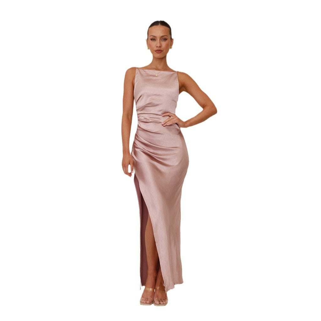Damen Elegantes Satinabendkleid mit sexy Schlitz und raffiniertem Schnitt EB