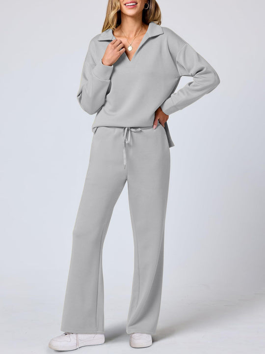Damen Bequemer Freizeitanzug mit elegantem V-Ausschnitt und lockerem Schnitt EB