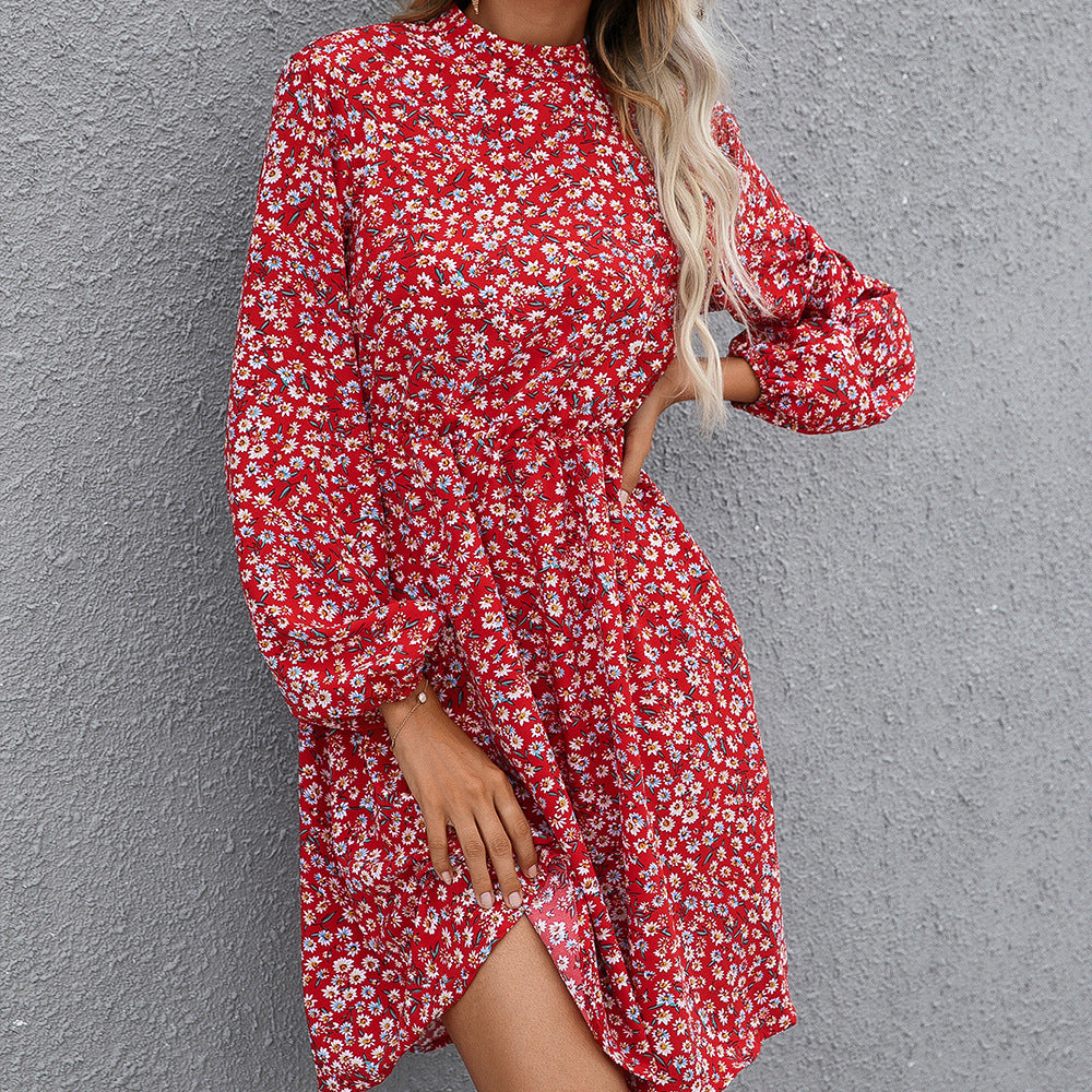 Damen florales Midikleid mit hochgeschlossenem Kragen und Taillengürtel EB
