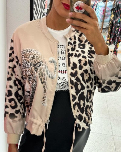 Damen entspannte Bomberjacke mit extravagantem Leoparden-Motiv EB