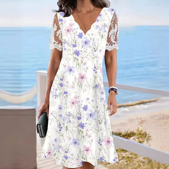 Damen Freizeitkleid mit romantischem Blumenmuster und Spitzendetails Heidi-Mode