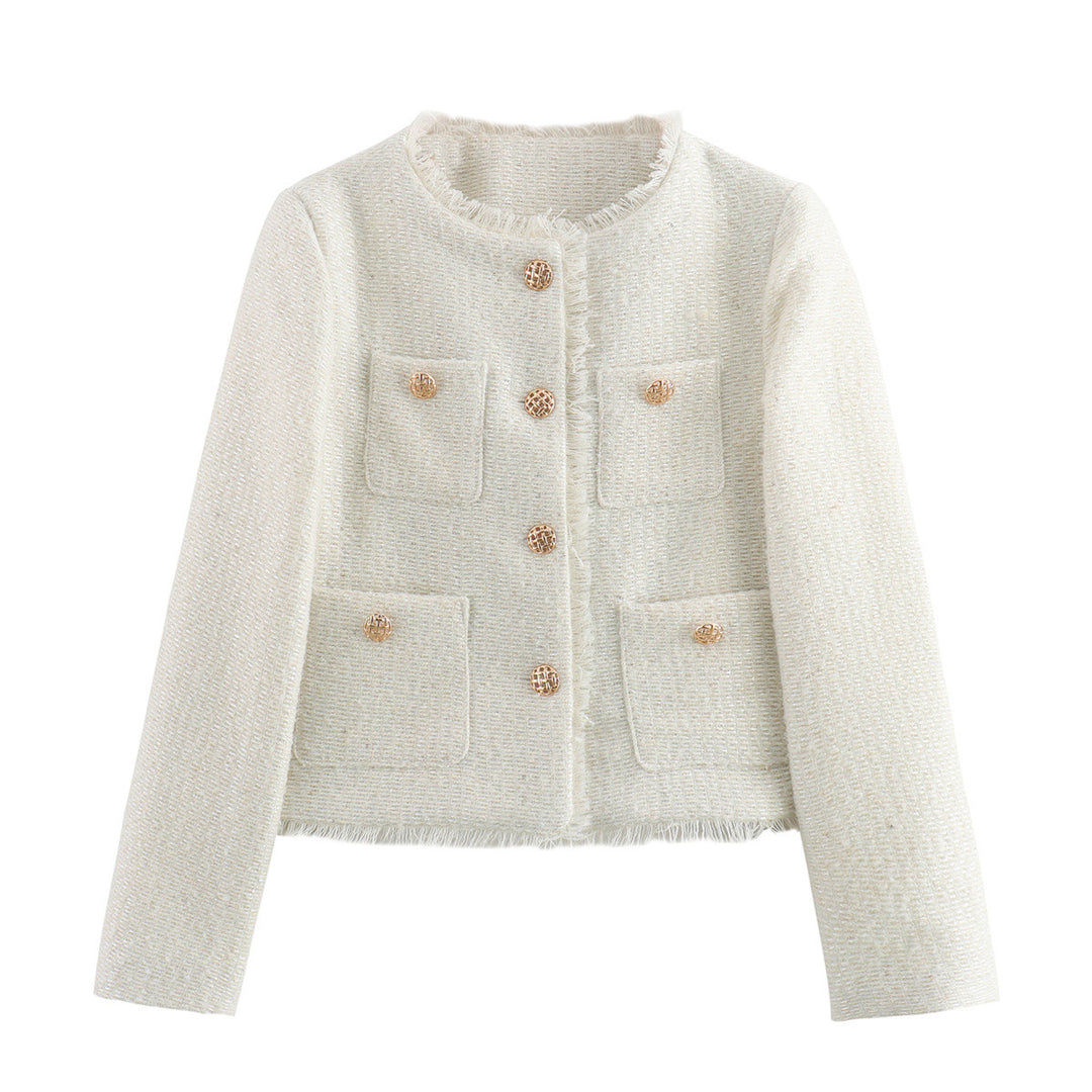Damen elegante kurz geschnittene Blazerjacke mit strukturiertem Gewebe und goldenen Knopfdetails EB