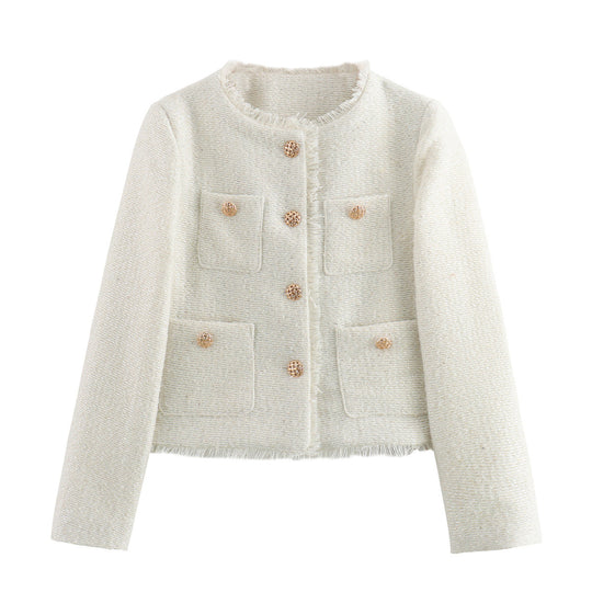 Damen elegante kurz geschnittene Blazerjacke mit strukturiertem Gewebe und goldenen Knopfdetails EB