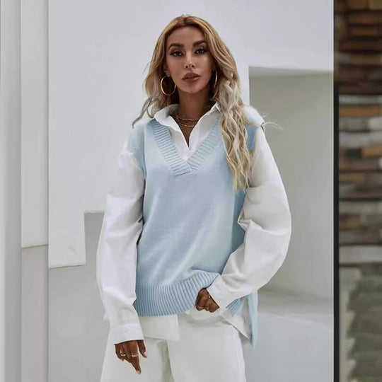Damen Strickweste mit V-Ausschnitt und eleganter Rippenstruktur EB