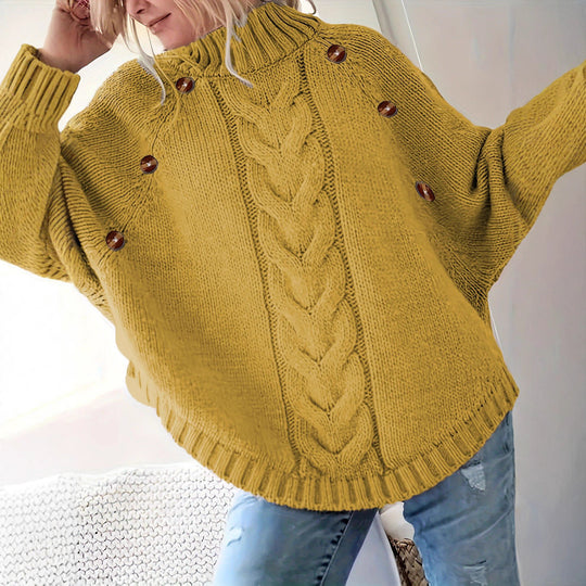 Damen Oversized Strickpullover mit Hochkragen und dekorativen Knopfdetails EB