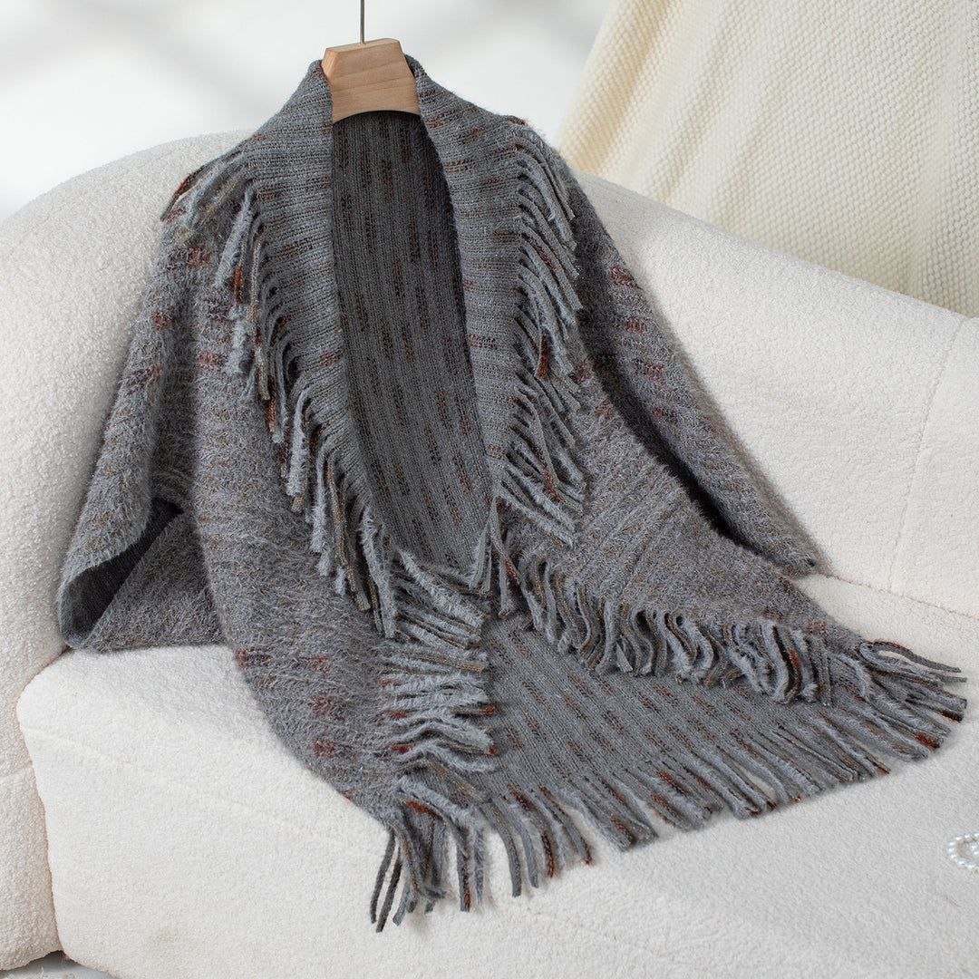 Damen eleganter Poncho mit fransigen Details und modernem Karomuster EB