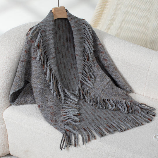 Damen eleganter Poncho mit fransigen Details und modernem Karomuster EB