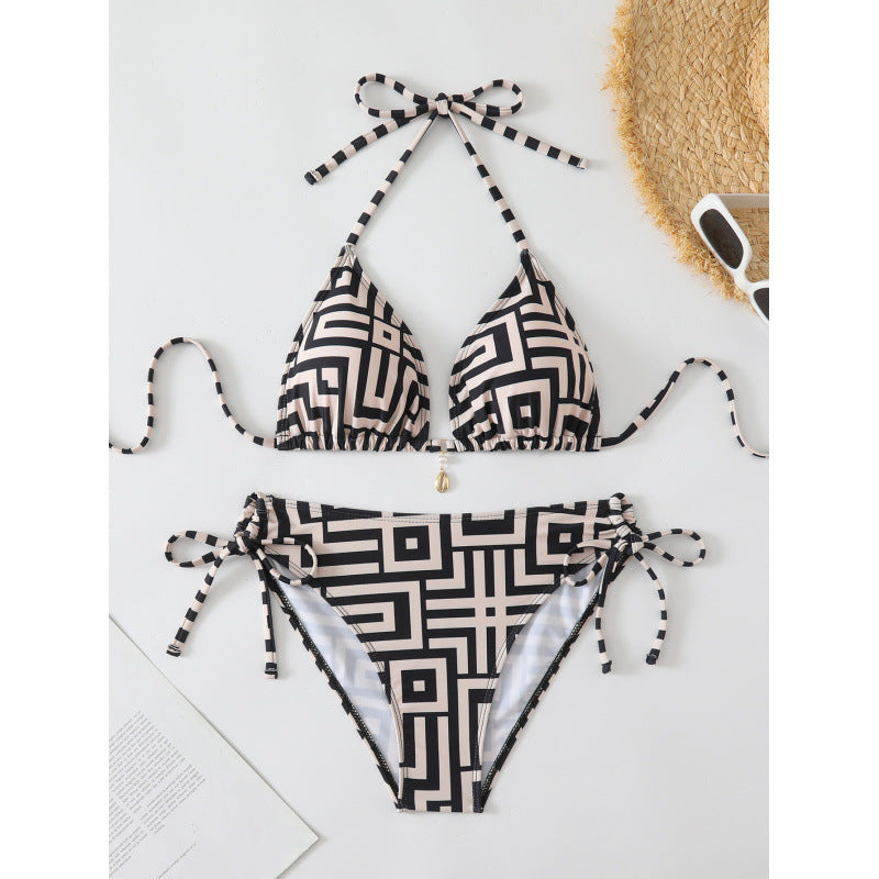 Damen Triangel-Bikini mit modischem geometrischem Muster und verstellbaren Trägern EB
