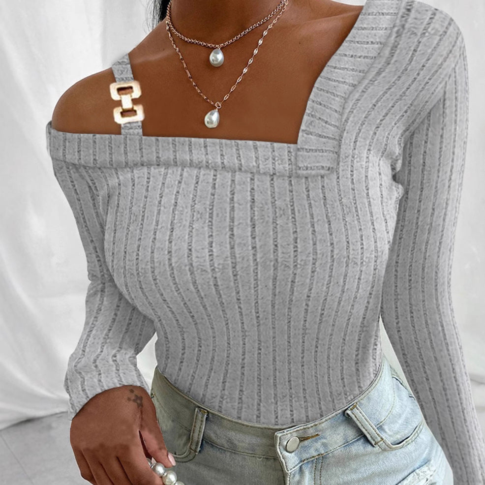Damen Langarm-Oberteil mit asymmetrischem Ausschnitt und dekorativem Design EB