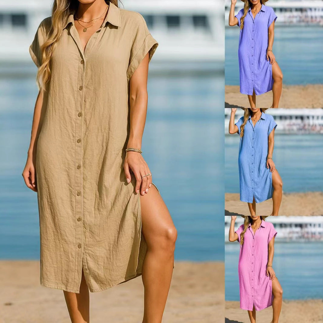 Damen lässiges Kurzarmhemdkleid mit Knopfleiste und seitlichen Schlitzen EB