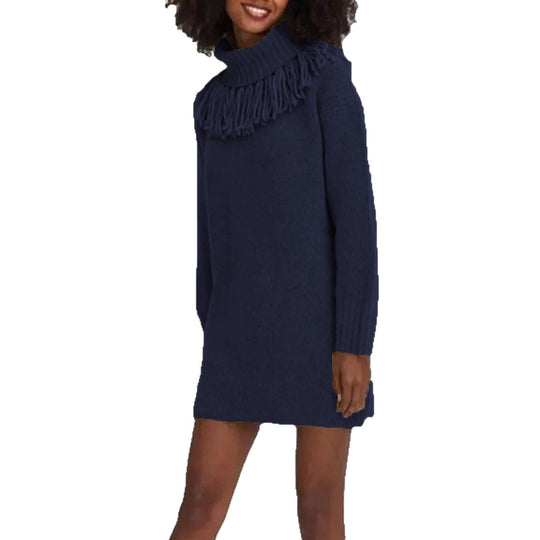 Damen Strickkleid mit hohem Rollkragen und modischen Fransen EB