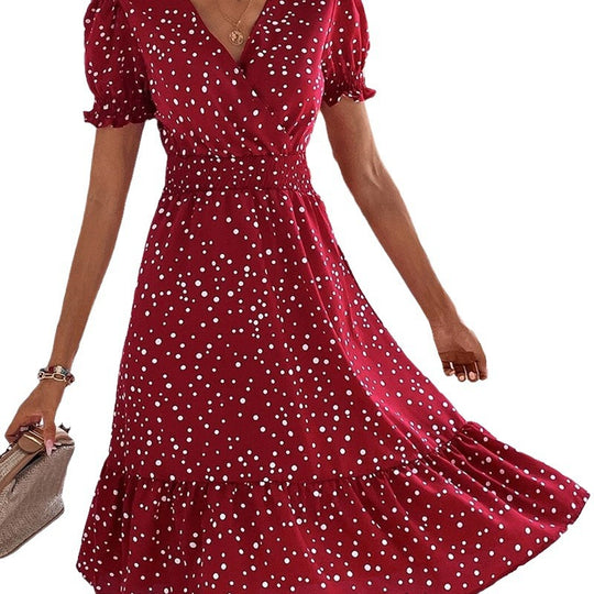 Damen Midi-Kleid mit Puffärmeln und V-Ausschnitt EB