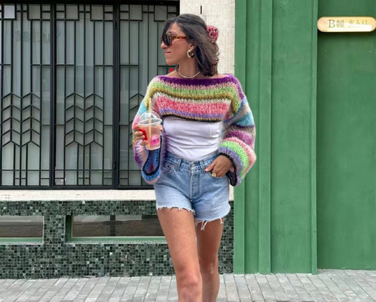 Damen Strickpullover im bunten Design mit weiten Ärmeln EB