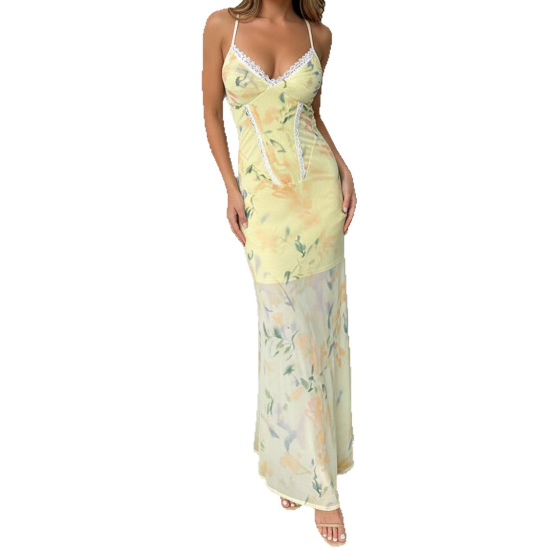 Damen Blumen Maxikleid mit raffinierten Spaghettiträgern und Spitzen-Akzenten EB