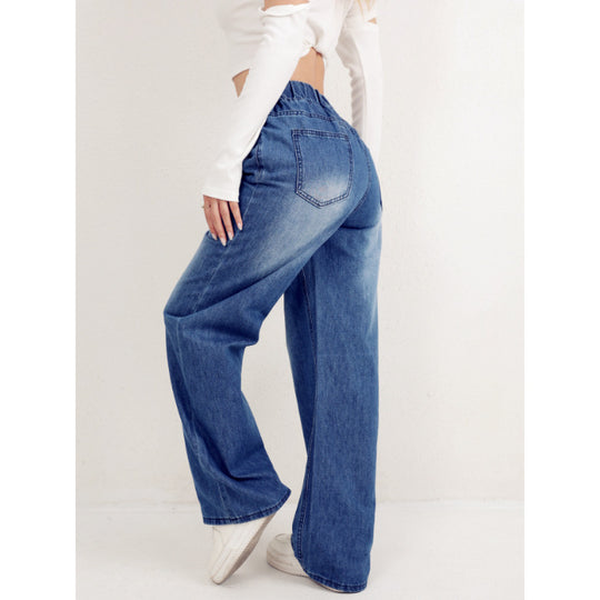 Damen weite Denim-Hose mit elastischem Bund und lässigem Schnitt EB