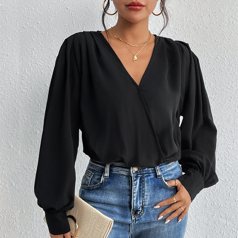 Damen elegante Bluse mit voluminösen Ärmeln und tiefem V-Ausschnitt EB