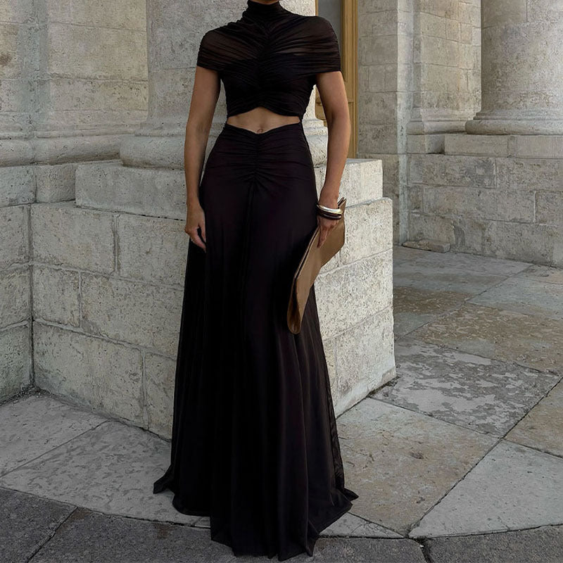 Damen Elegantes Maxikleid mit Raffungen und durchsichtigem Oberteil EB