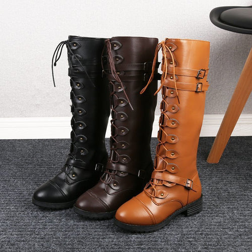 Damen nan kniehohe Schnürstiefel im Militär-Vintage Stil mit dekorativen Riemen und verstellbaren Schnallen EB