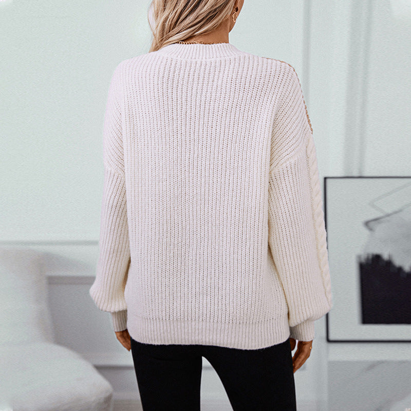 Damen modischer Strickpullover mit raffinierten Zopfmuster-Ärmeln und Kontrastfarben EB